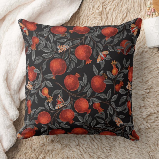 Pomegranates and Bella Moths in red and gray Throw Pillow (Blanket)