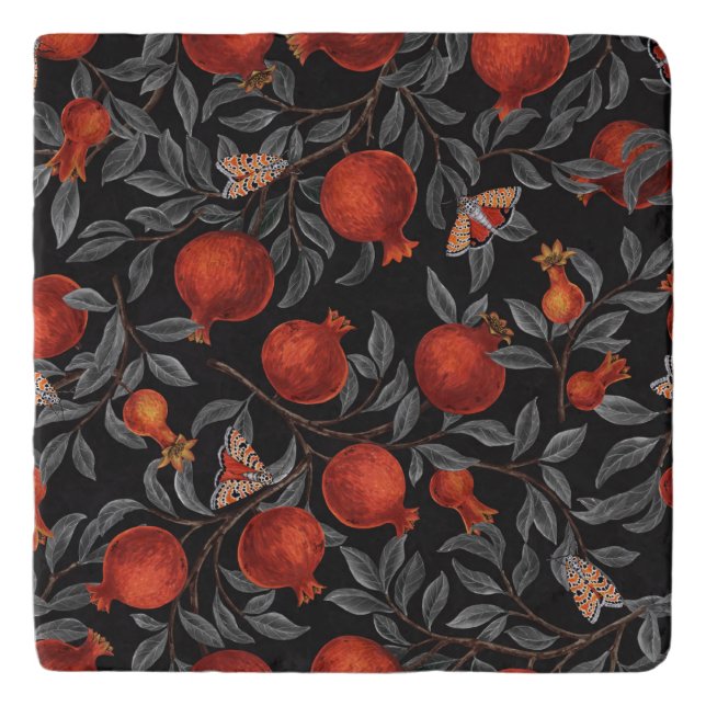 Pomegranates and Bella Moths in red and gray Trivet (Front)
