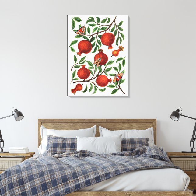 Pomegranates and Bella Moths on off white Canvas Print (Insitu(Bedroom))