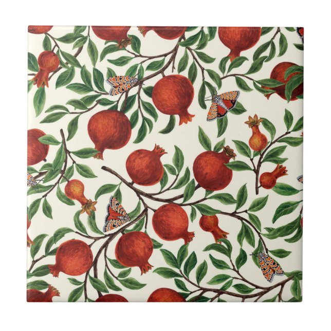 Pomegranates and Bella Moths on off white Ceramic Tile (Front)