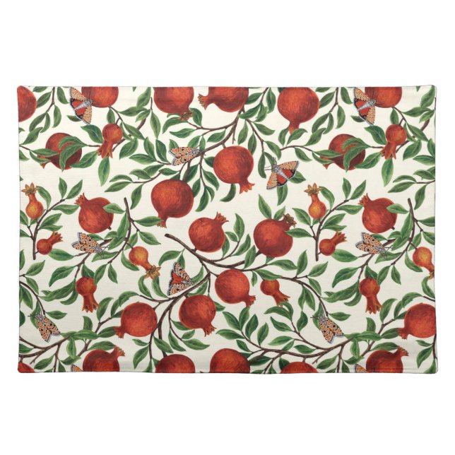 Pomegranates and Bella Moths on off white Cloth Placemat (Front)