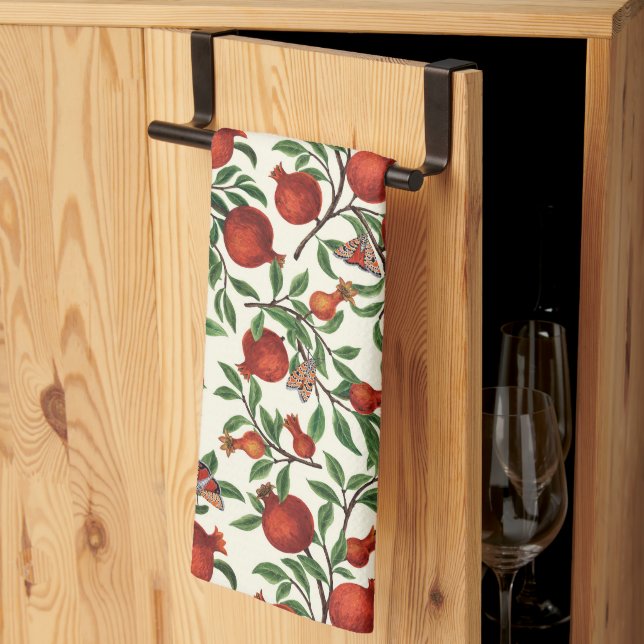 Pomegranates and Bella Moths on off white Kitchen Towel (Thirds Fold)