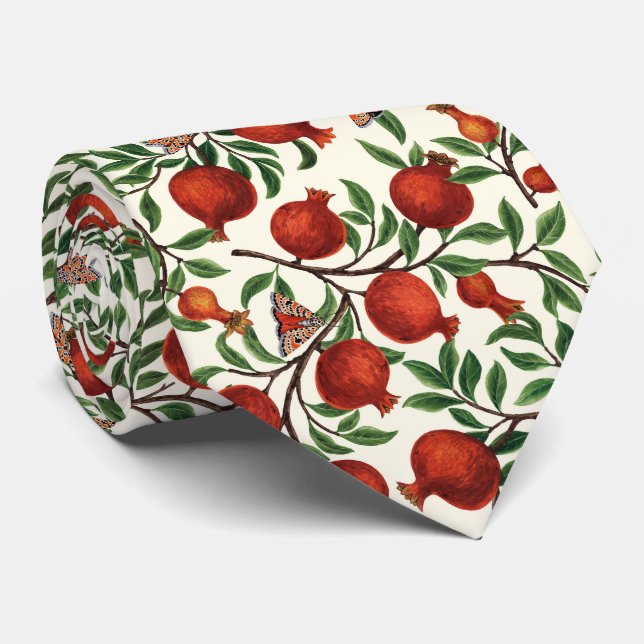 Pomegranates and Bella Moths on off white Neck Tie (Rolled)