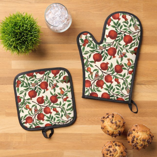 Pomegranates and Bella Moths on off white Oven Mitt & Pot Holder Set (Top Down)