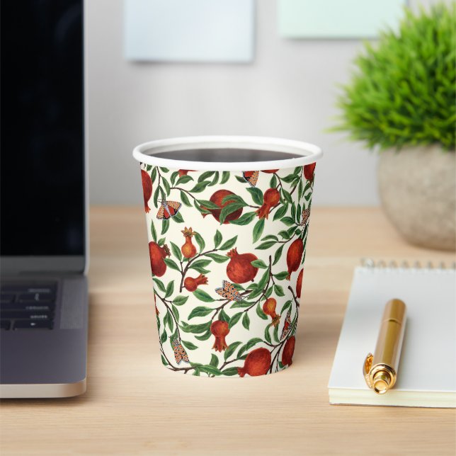 Pomegranates and Bella Moths on off white Paper Cups (Insitu)