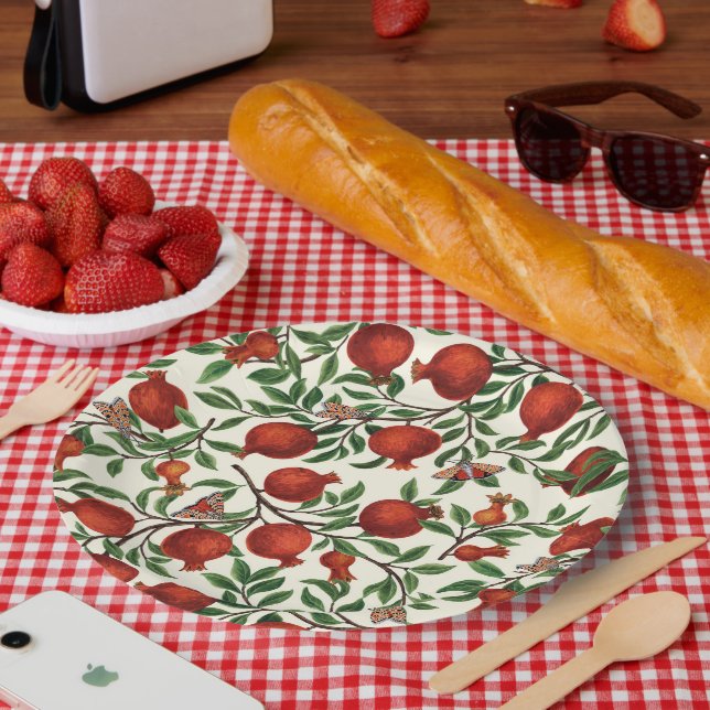 Pomegranates and Bella Moths on off white Paper Plates (Picnic)
