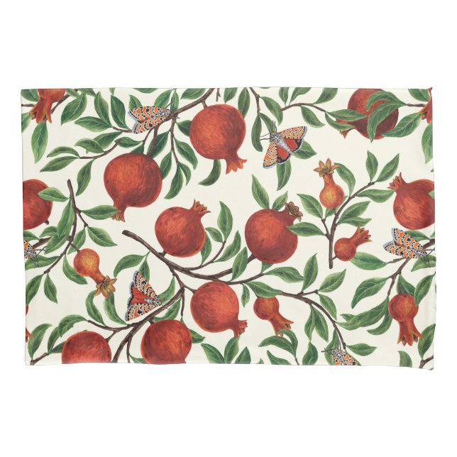 Pomegranates and Bella Moths on off white Pillow Case (Front-Left)
