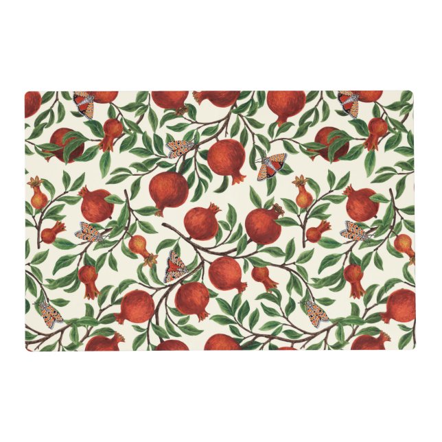 Pomegranates and Bella Moths on off white Placemat (Front)