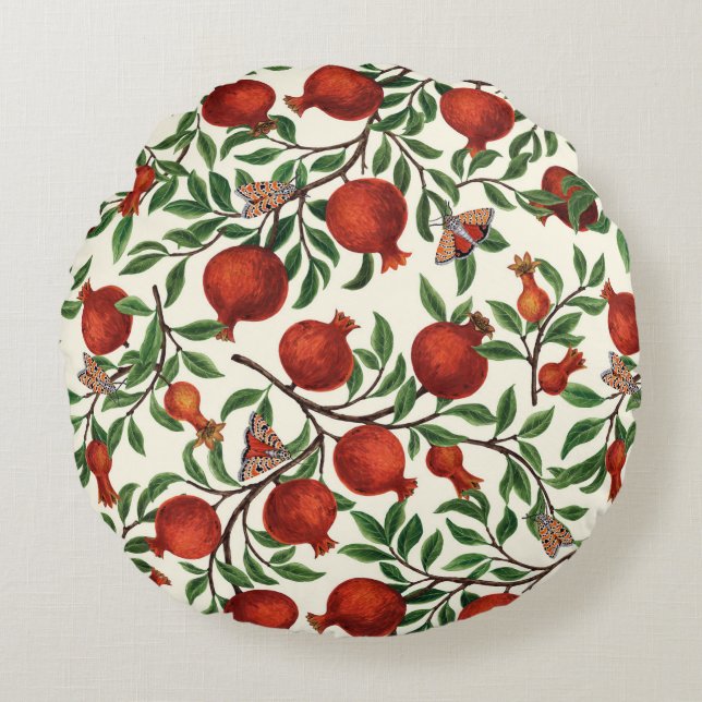 Pomegranates and Bella Moths on off white Round Pillow (Front)