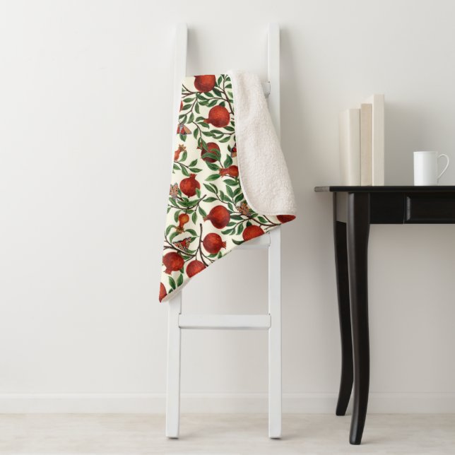 Pomegranates and Bella Moths on off white Sherpa Blanket (In Situ)