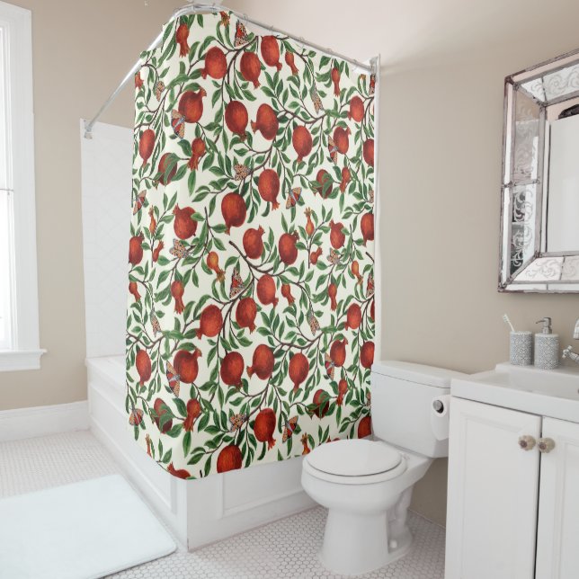 Pomegranates and Bella Moths on off white Shower Curtain (In Situ)