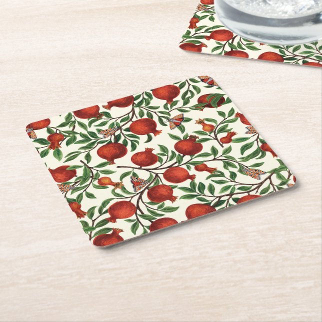 Pomegranates and Bella Moths on off white Square Paper Coaster (Angled)