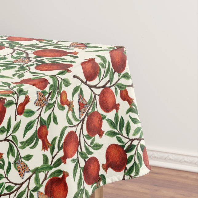 Pomegranates and Bella Moths on off white Tablecloth (In Situ)