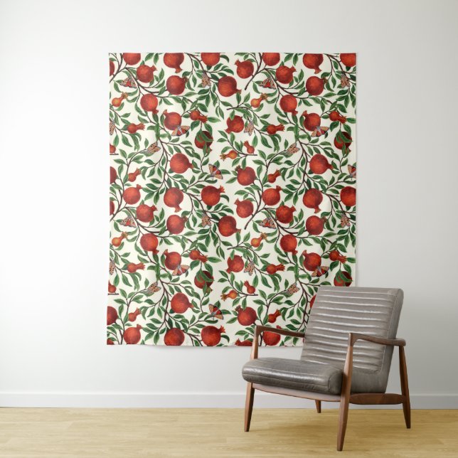 Pomegranates and Bella Moths on off white Tapestry (In Situ)