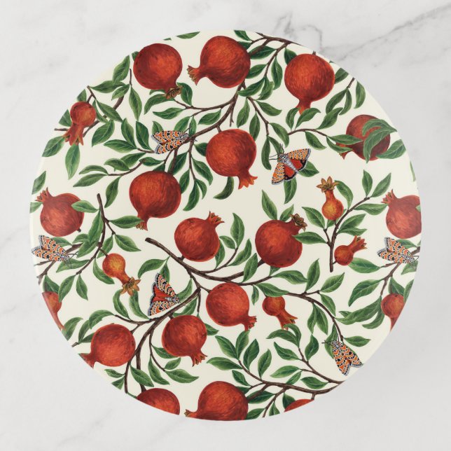 Pomegranates and Bella Moths on off white Trinket Tray (Front)
