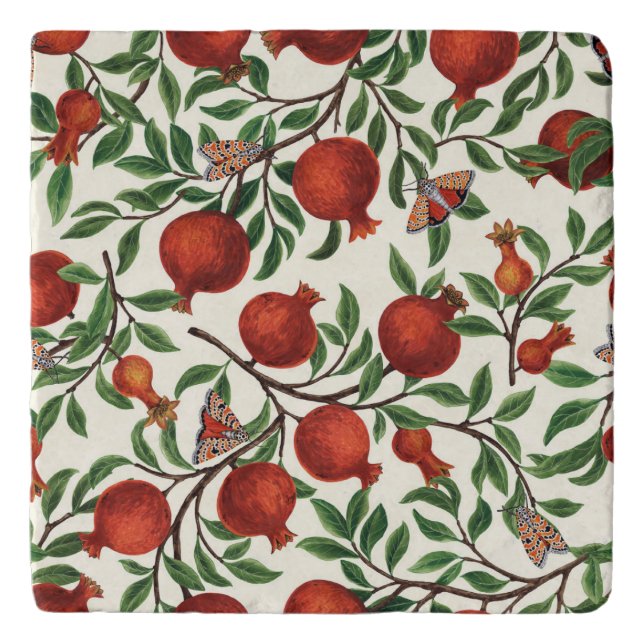 Pomegranates and Bella Moths on off white Trivet (Front)