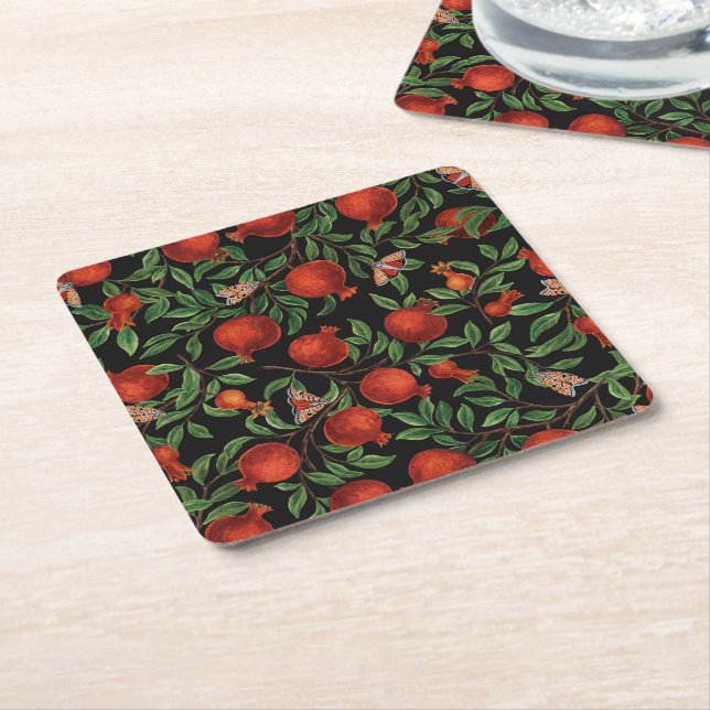 Pomegranates and Bella Moths  Square Paper Coaster (Angled)