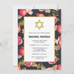 Pomegranates and Flowers with Gold Bat Mitzvah Invitation