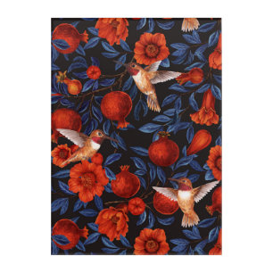 Pomegranates and hummingbirds/blue leaves on black acrylic print