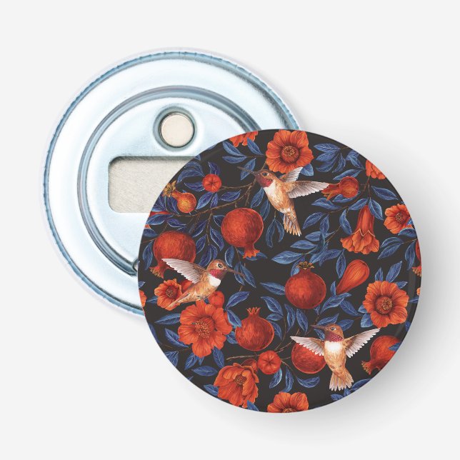 Pomegranates and hummingbirds/blue leaves on black bottle opener (Front)