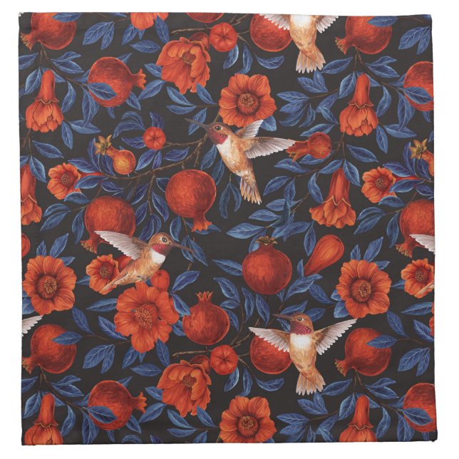 Pomegranates and hummingbirds/blue leaves on black cloth napkin (Front)