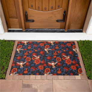 Pomegranates and hummingbirds/blue leaves on black doormat
