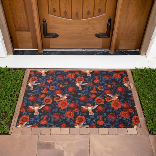 Pomegranates and hummingbirds/blue leaves on black doormat (Outdoor)