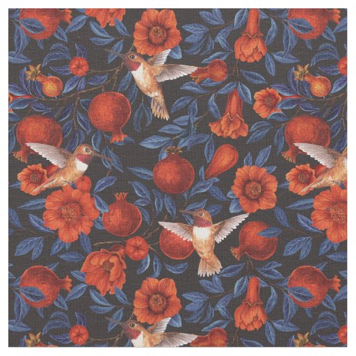 Pomegranates and hummingbirds/blue leaves on black fabric