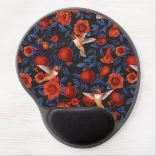 Pomegranates and hummingbirds/blue leaves on black gel mouse pad