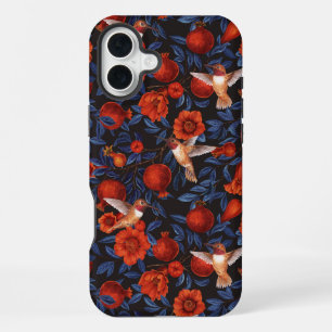 Pomegranates and hummingbirds/blue leaves on black iPhone 16 plus case