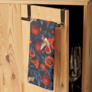 Pomegranates and hummingbirds/blue leaves on black kitchen towel