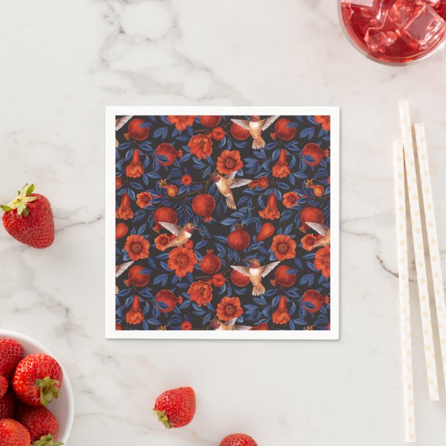 Pomegranates and hummingbirds/blue leaves on black napkins (Insitu)