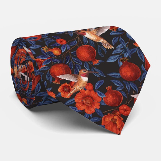 Pomegranates and hummingbirds/blue leaves on black neck tie (Rolled)