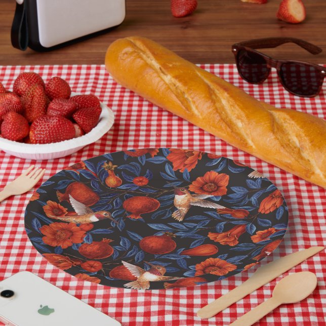 Pomegranates and hummingbirds/blue leaves on black paper plates (Picnic)