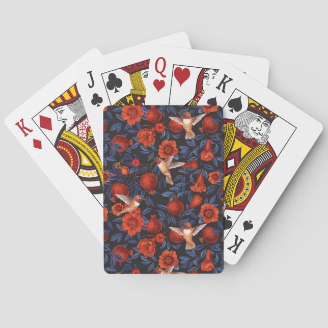 Pomegranates and hummingbirds/blue leaves on black poker cards (Back)