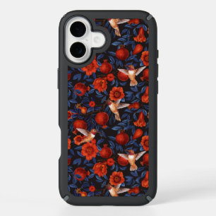 Pomegranates and hummingbirds/blue leaves on black iPhone 16 plus case
