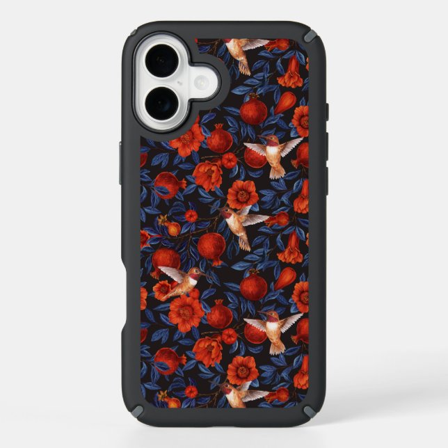 Pomegranates and hummingbirds/blue leaves on black speck iPhone case (Front)