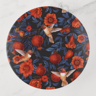 Pomegranates and hummingbirds/blue leaves on black trinket tray