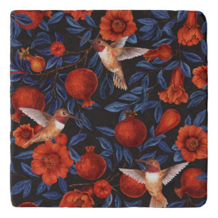Pomegranates and hummingbirds/blue leaves on black trivet