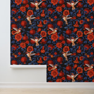 Pomegranates and hummingbirds/blue leaves on black wallpaper 