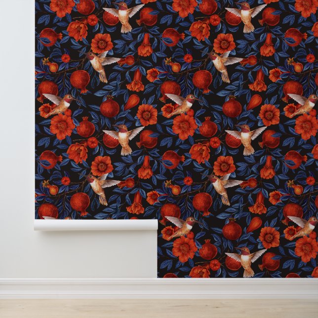 Pomegranates and hummingbirds/blue leaves on black wallpaper  (Application)