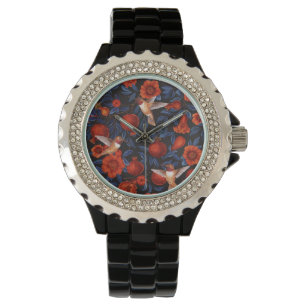 Pomegranates and hummingbirds/blue leaves on black watch