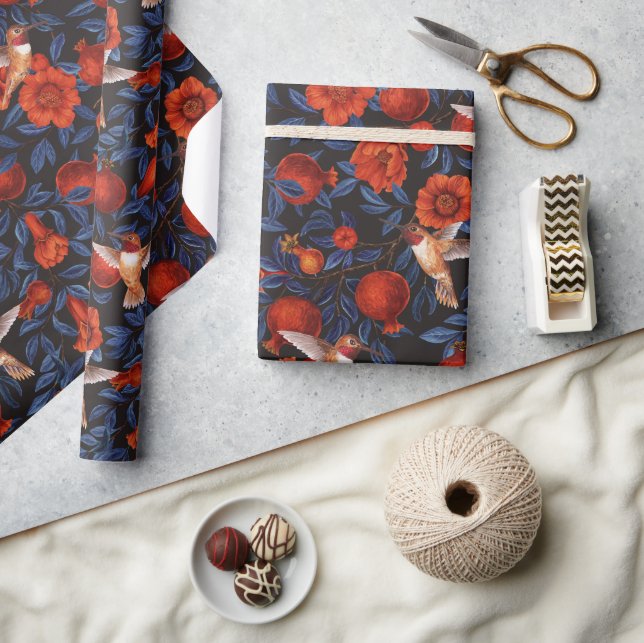 Pomegranates and hummingbirds/blue leaves on black wrapping paper (Crafts)