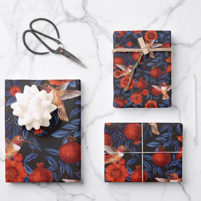 Pomegranates and hummingbirds/blue leaves on black wrapping paper sheets (Front)