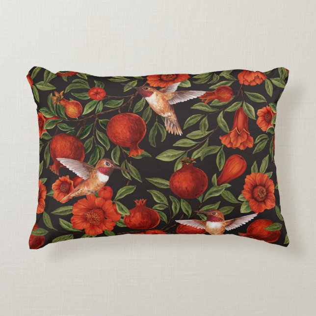 Pomegranates and hummingbirds/green leaves on blac accent pillow (Front)