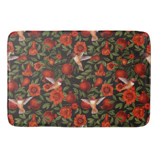 Pomegranates and hummingbirds/green leaves on blac bath mat
