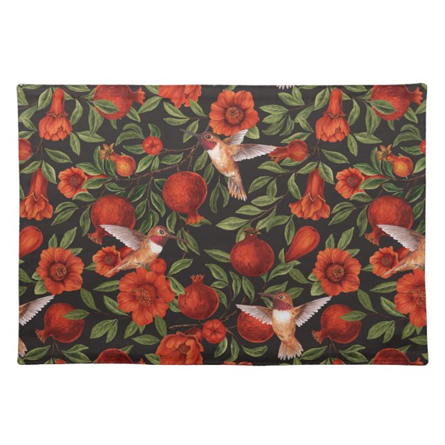 Pomegranates and hummingbirds/green leaves on blac cloth placemat (Front)