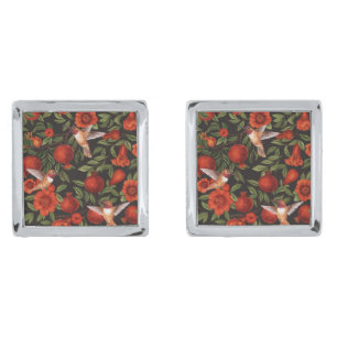 Pomegranates and hummingbirds/green leaves on blac cufflinks