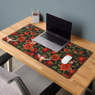 Pomegranates and hummingbirds/green leaves on blac desk mat