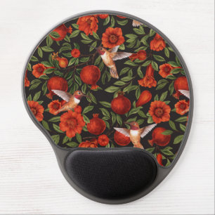 Pomegranates and hummingbirds/green leaves on blac gel mouse pad